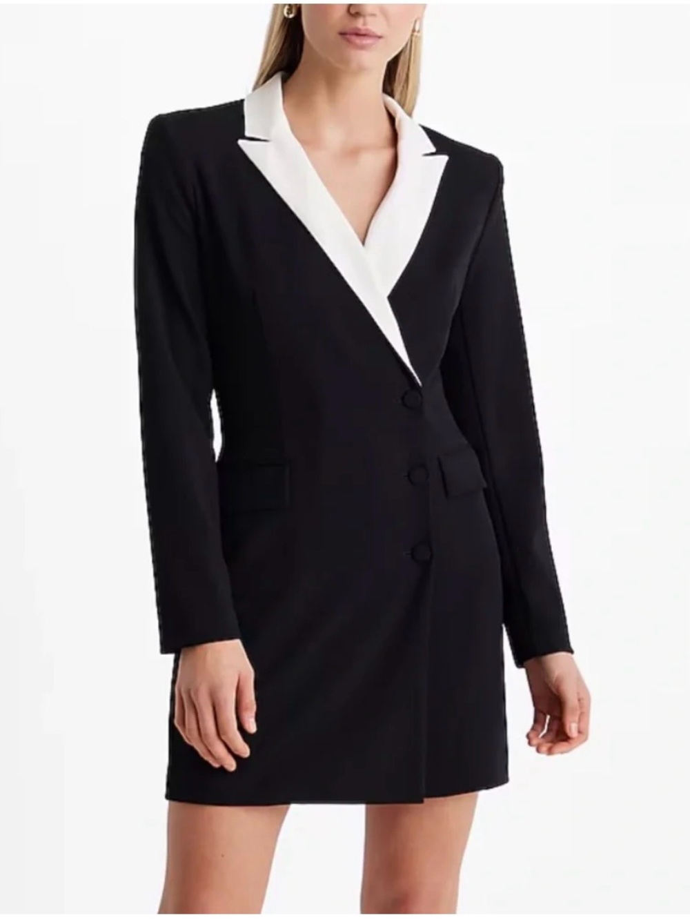 Black and White Contrast Lapel Blazer Dress